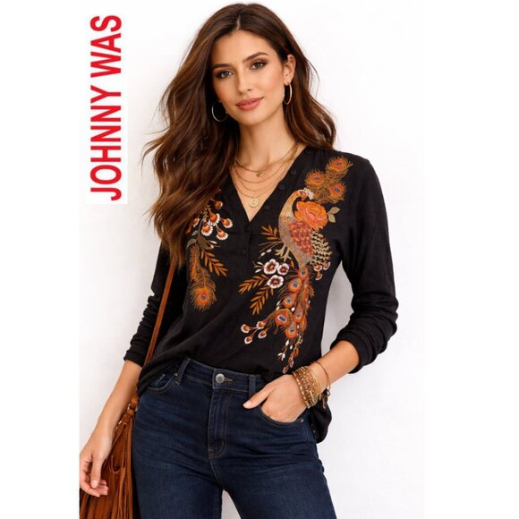 Johnny Was Tops - Johnny Was Embroidered Peacock Floral Black Boho Top V-Neck Button Size Medium